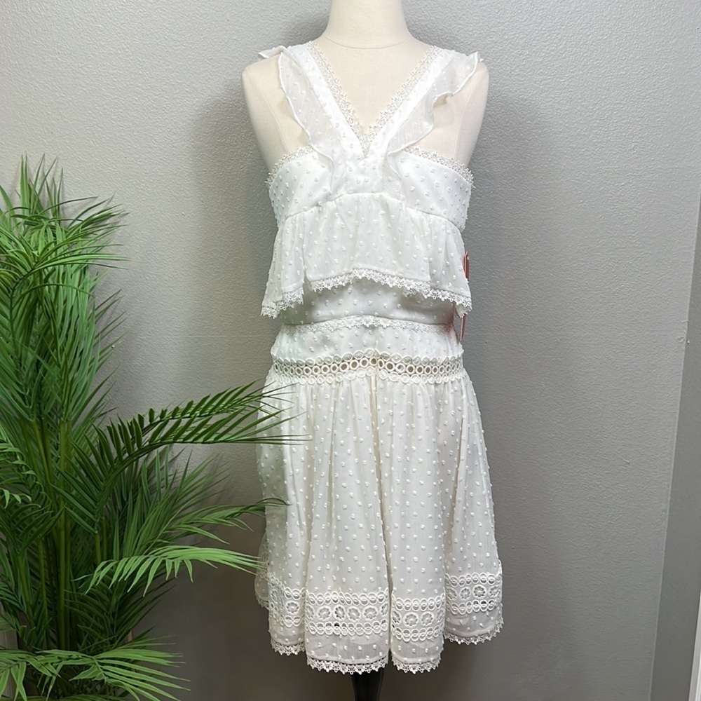 NWT Monique Lhullier White Midi Dress Eyelet Blouson Raised Polka Dots Lace 6